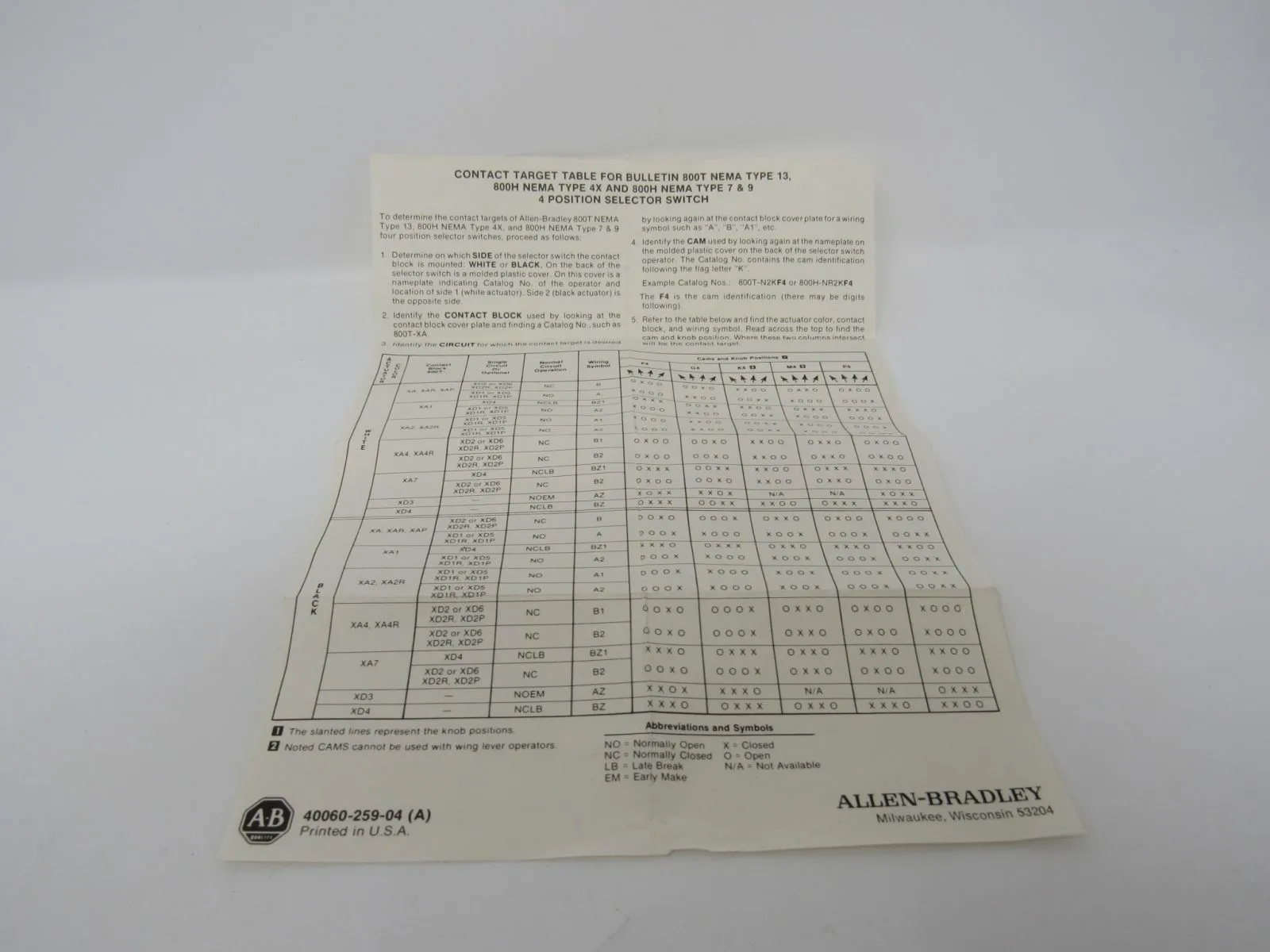 Allen-Bradley Oiltight Pilot Control Unit Standard Operator Series N 800T-N2KF4B -- New