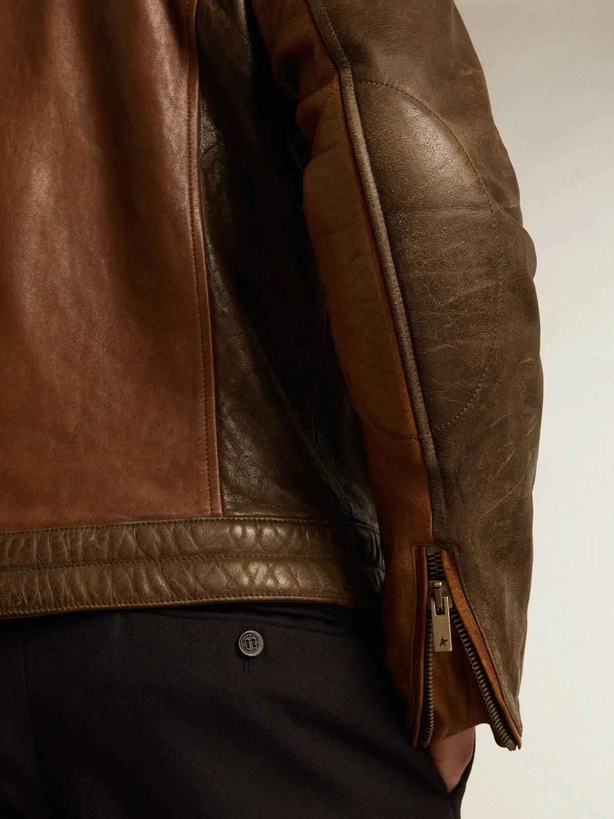 Biker-inspired brown nappa leather jacket