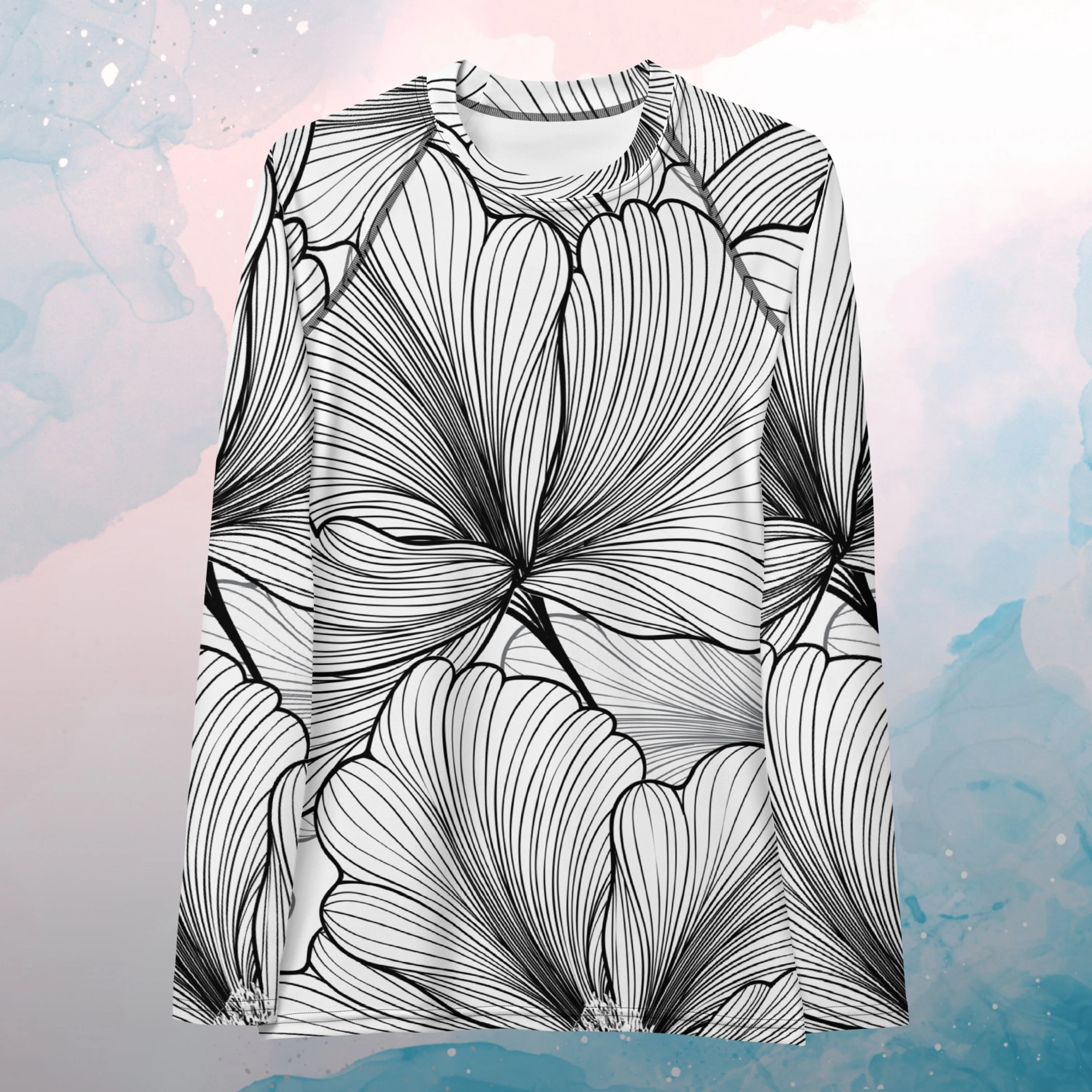 Black and White Abstract Lines Floral Pattern Womens Beach Volleyball Rash Guard for Workouts or Swimming