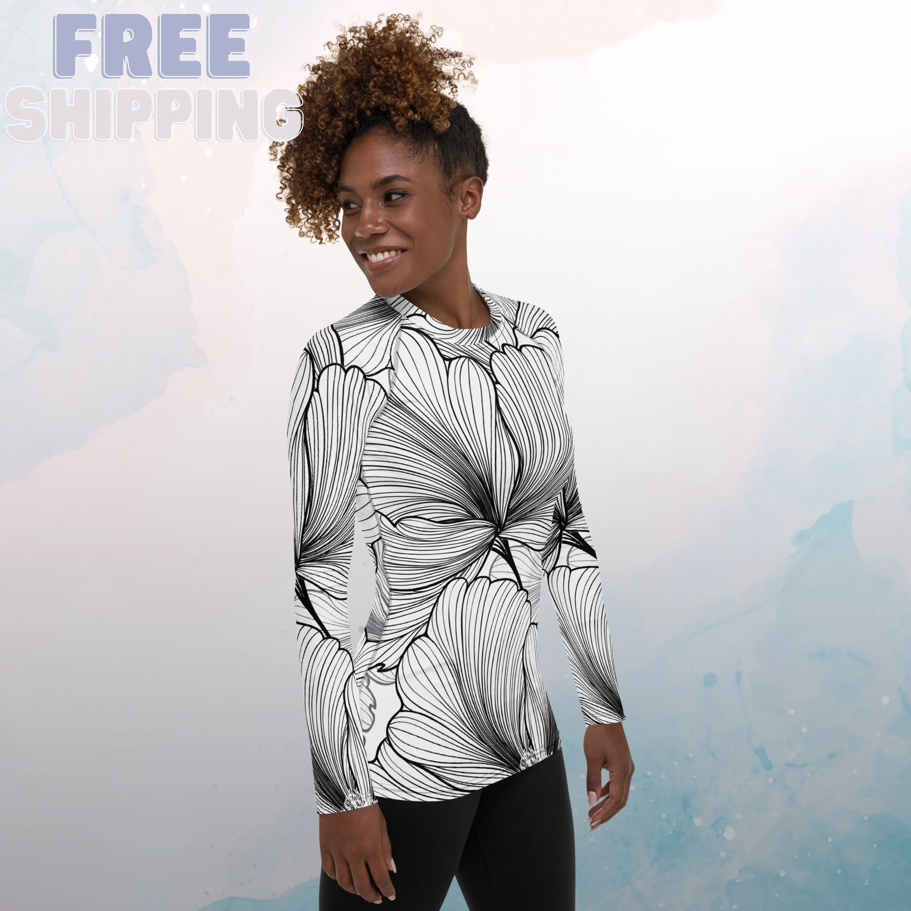 Black and White Abstract Lines Floral Pattern Womens Beach Volleyball Rash Guard for Workouts or Swimming