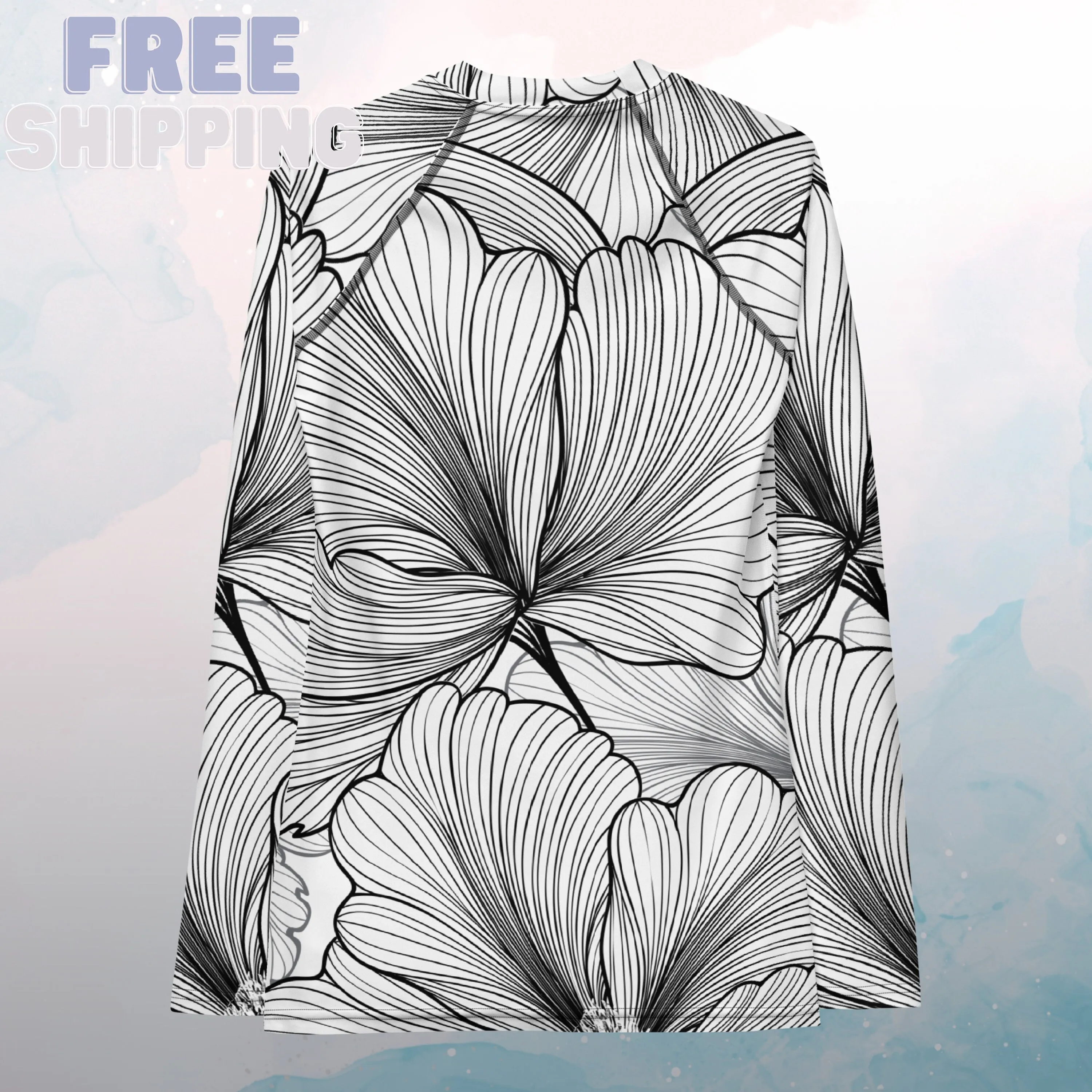 Black and White Abstract Lines Floral Pattern Womens Beach Volleyball Rash Guard for Workouts or Swimming