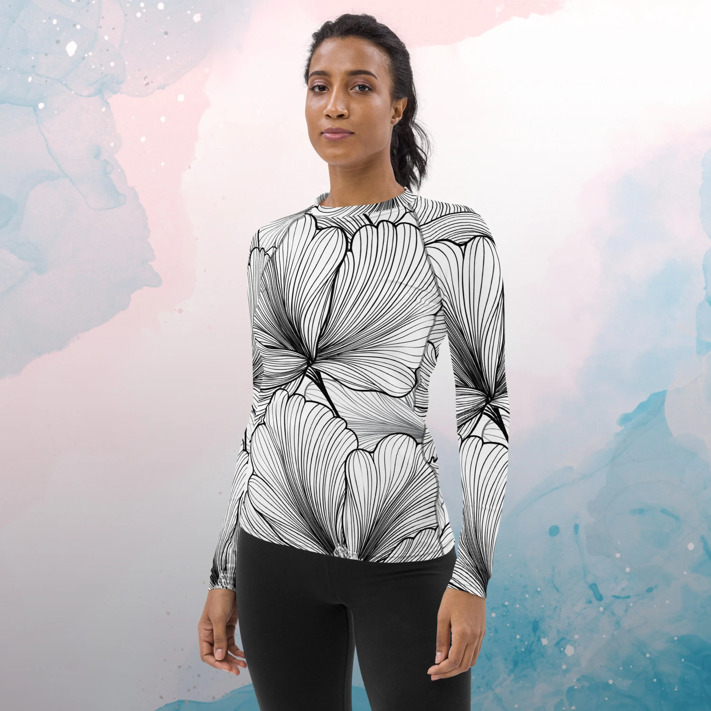 Black and White Abstract Lines Floral Pattern Womens Beach Volleyball Rash Guard for Workouts or Swimming