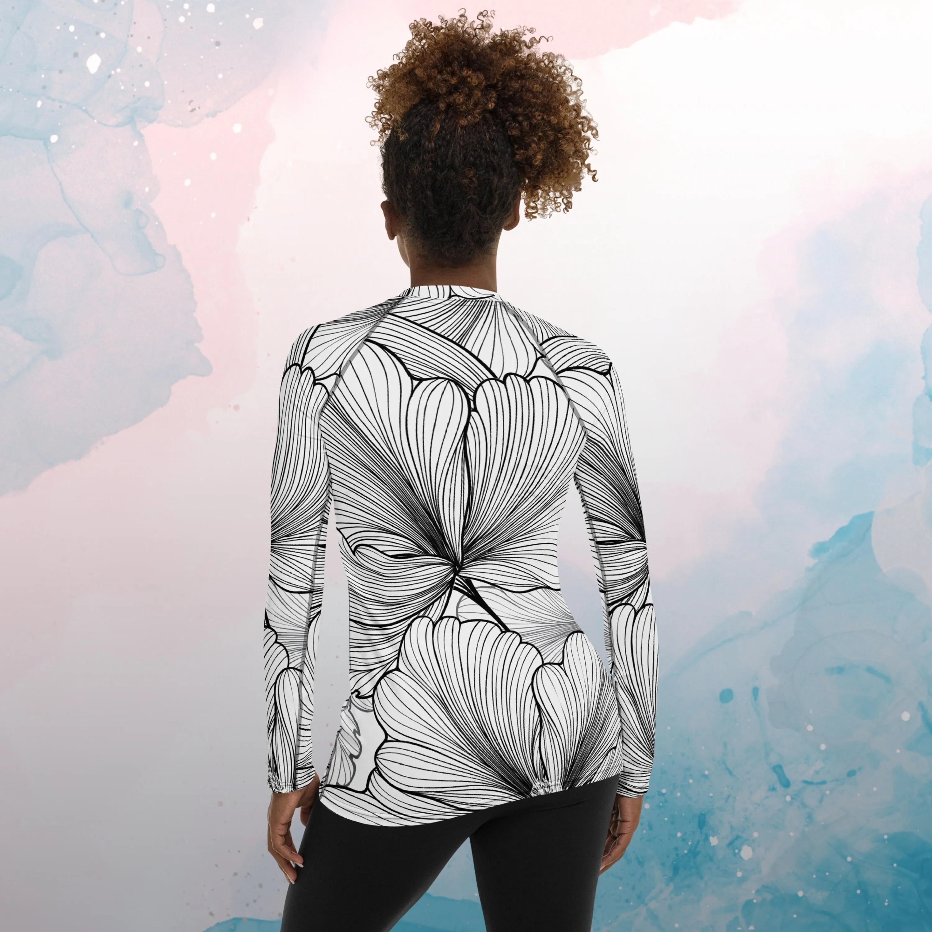 Black and White Abstract Lines Floral Pattern Womens Beach Volleyball Rash Guard for Workouts or Swimming