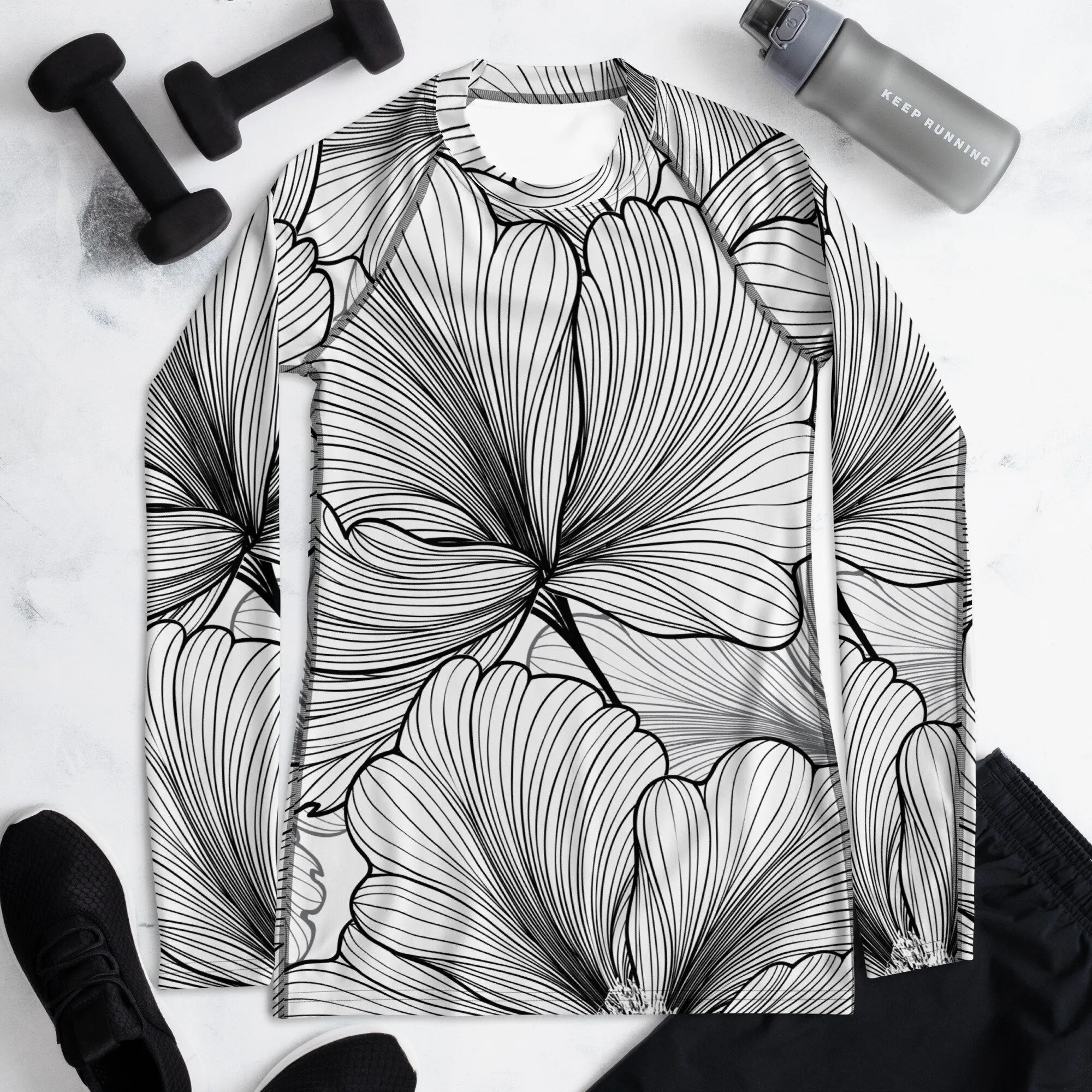 Black and White Abstract Lines Floral Pattern Womens Beach Volleyball Rash Guard for Workouts or Swimming