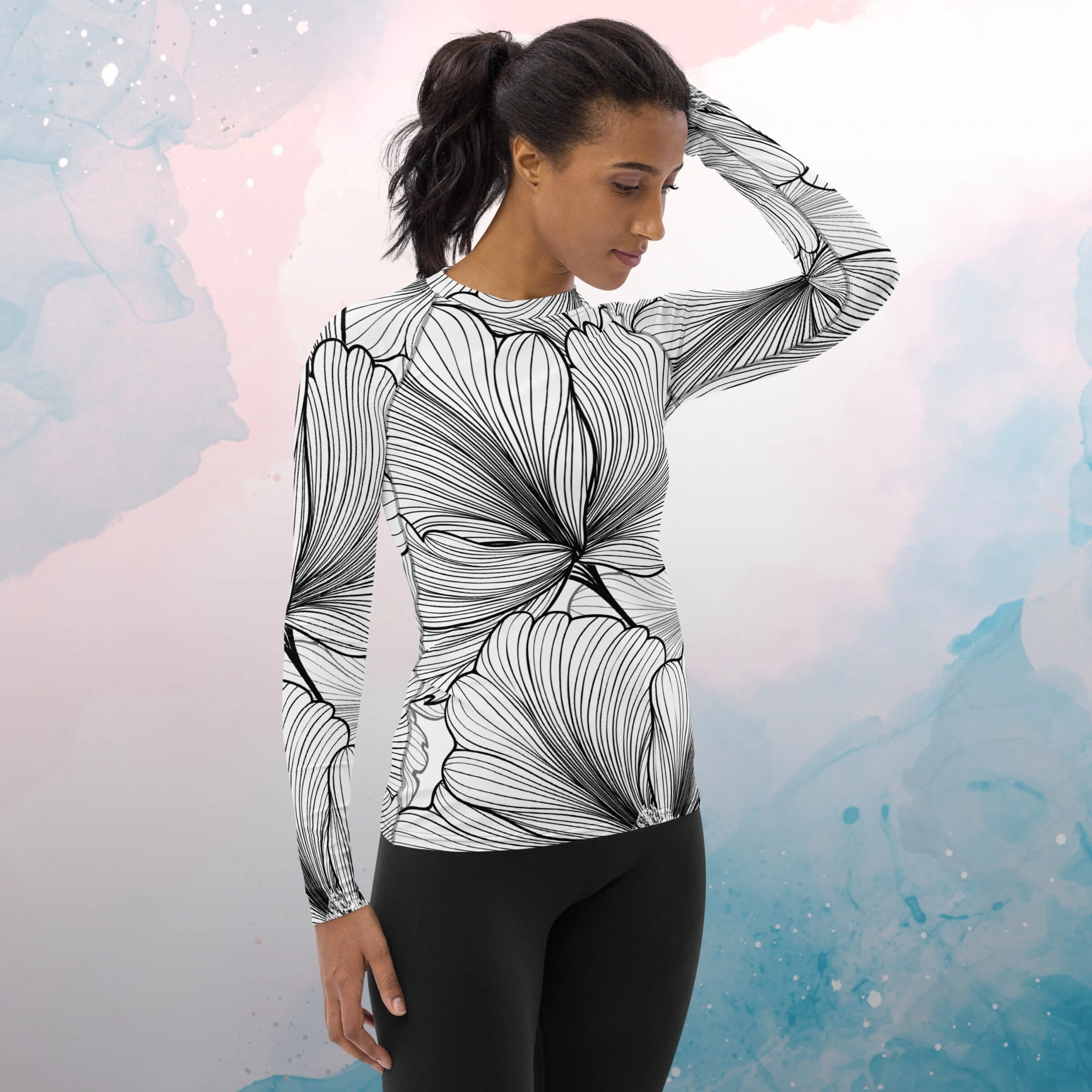 Black and White Abstract Lines Floral Pattern Womens Beach Volleyball Rash Guard for Workouts or Swimming