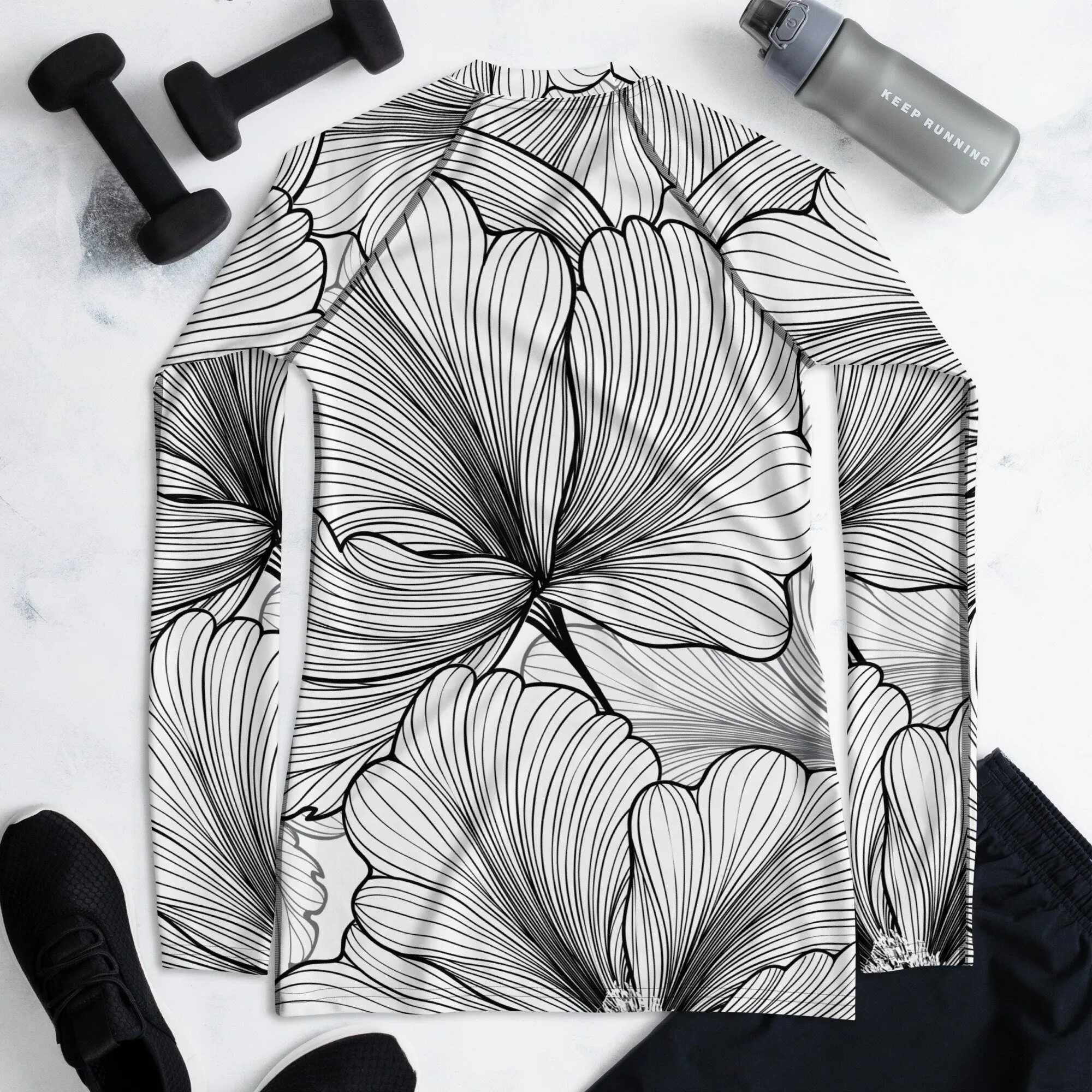 Black and White Abstract Lines Floral Pattern Womens Beach Volleyball Rash Guard for Workouts or Swimming