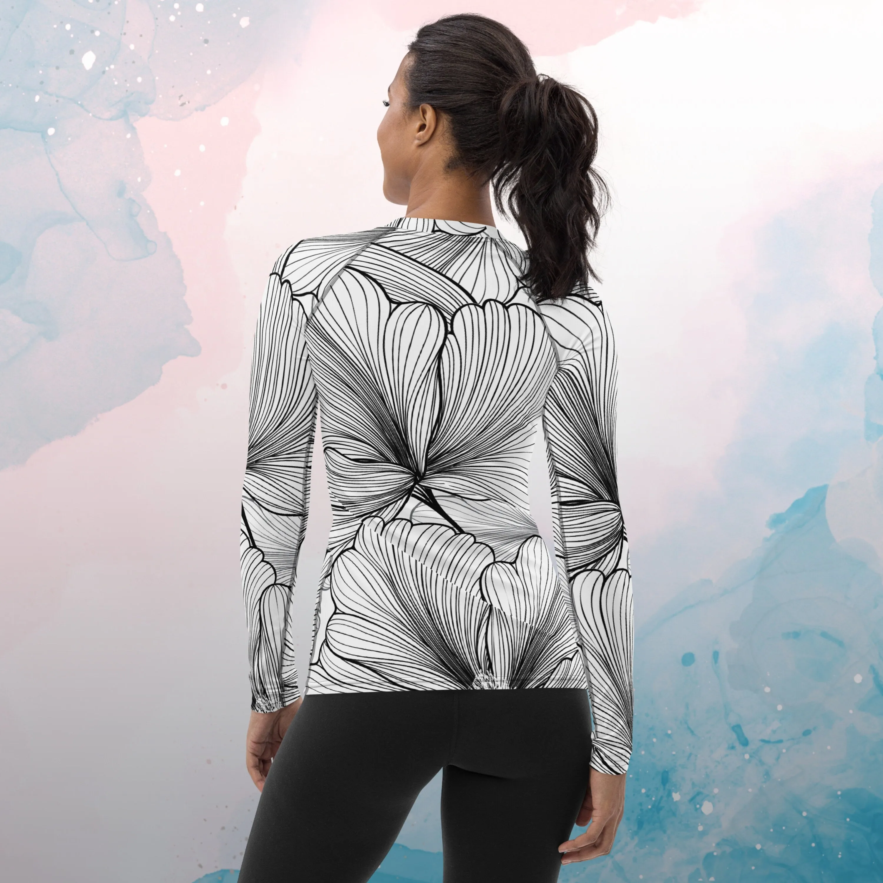 Black and White Abstract Lines Floral Pattern Womens Beach Volleyball Rash Guard for Workouts or Swimming