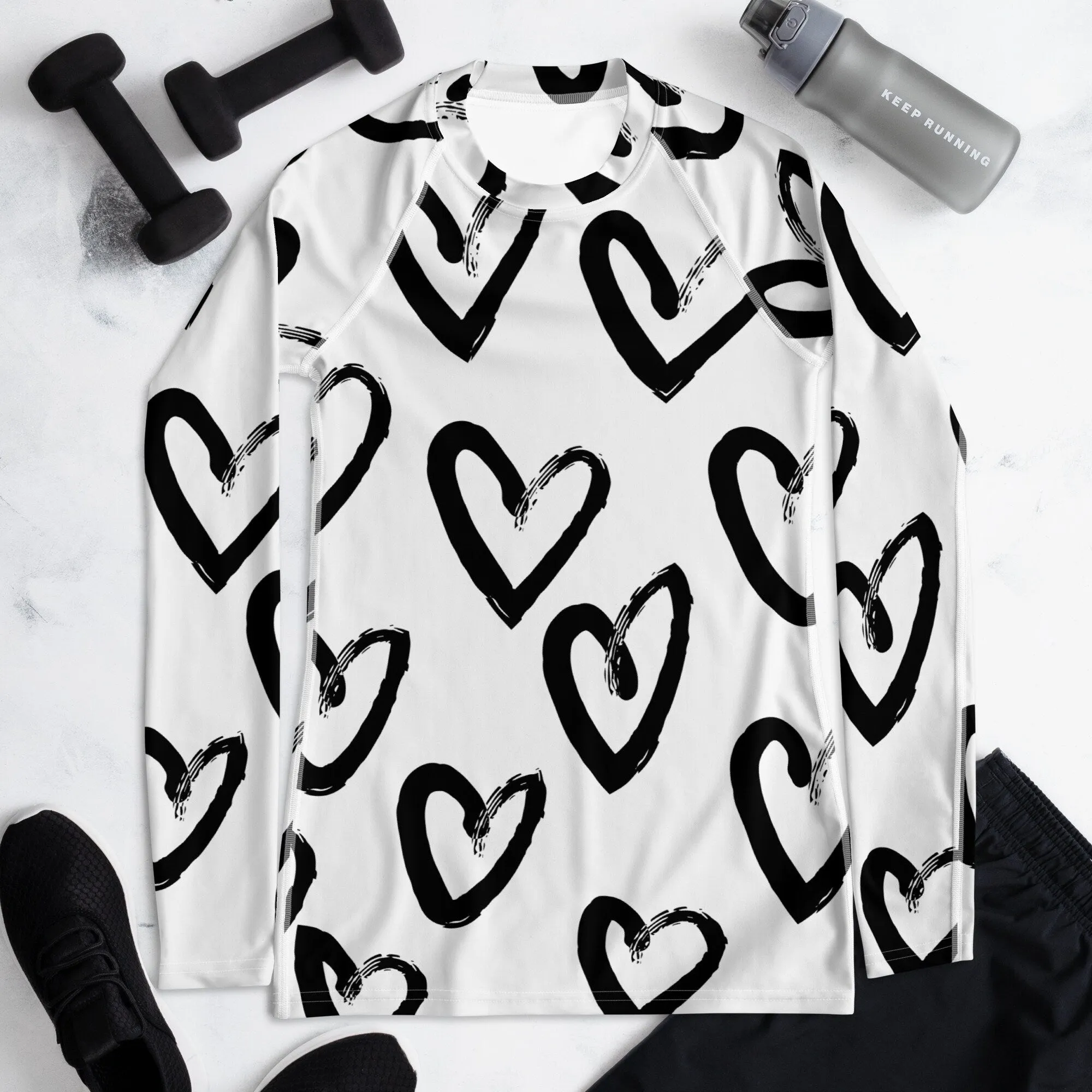 Bold Brush Stroke Hearts Print Womens Rash Guard Workout or Running Top