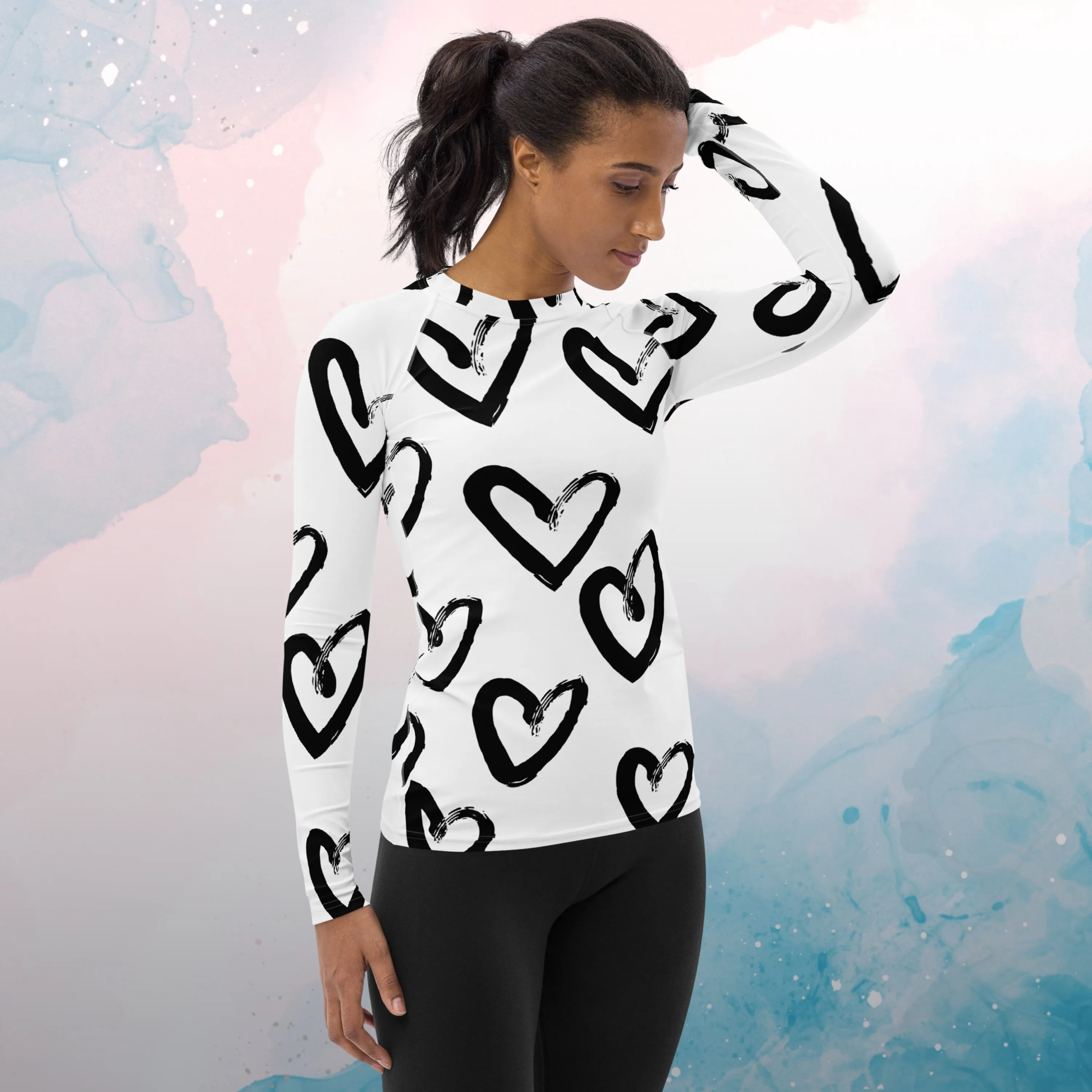 Bold Brush Stroke Hearts Print Womens Rash Guard Workout or Running Top