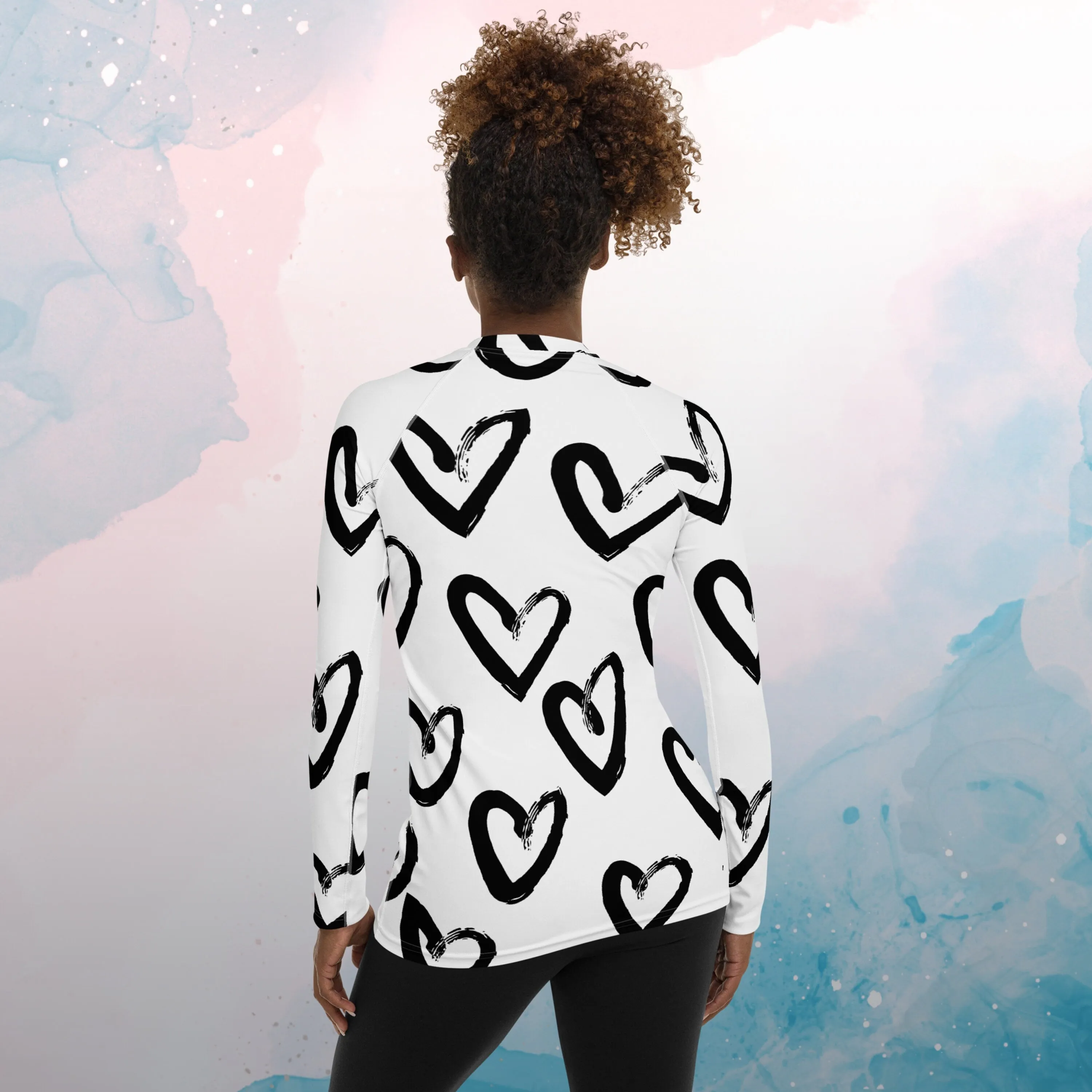 Bold Brush Stroke Hearts Print Womens Rash Guard Workout or Running Top