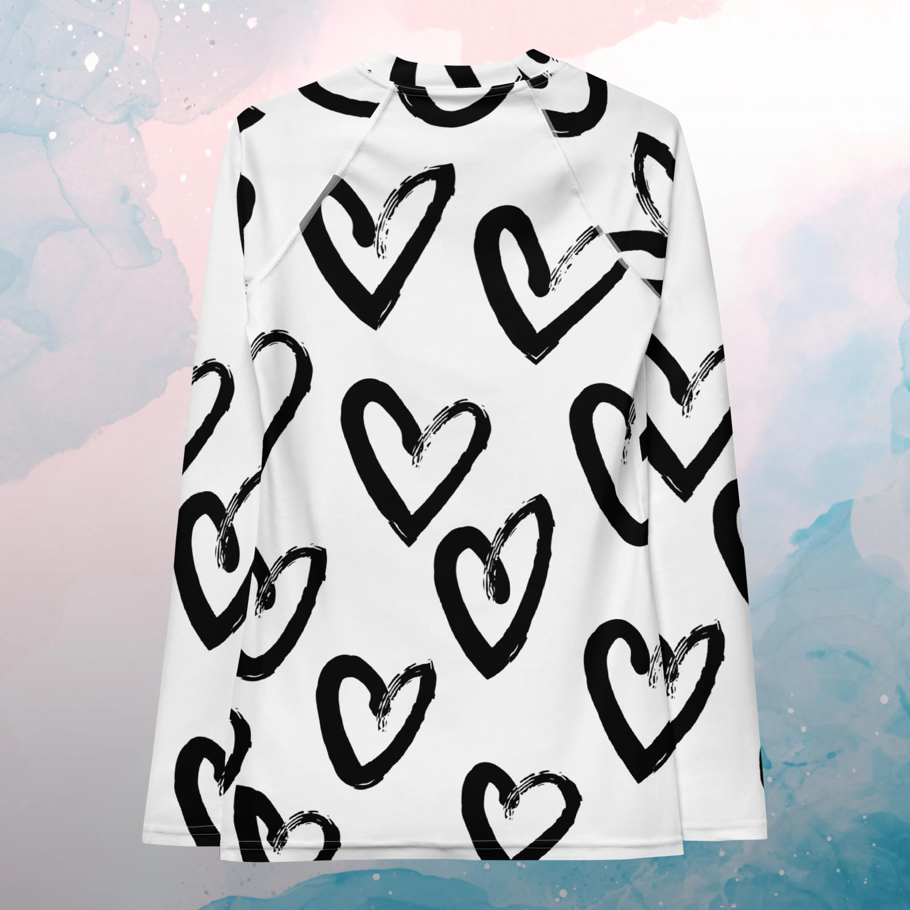 Bold Brush Stroke Hearts Print Womens Rash Guard Workout or Running Top