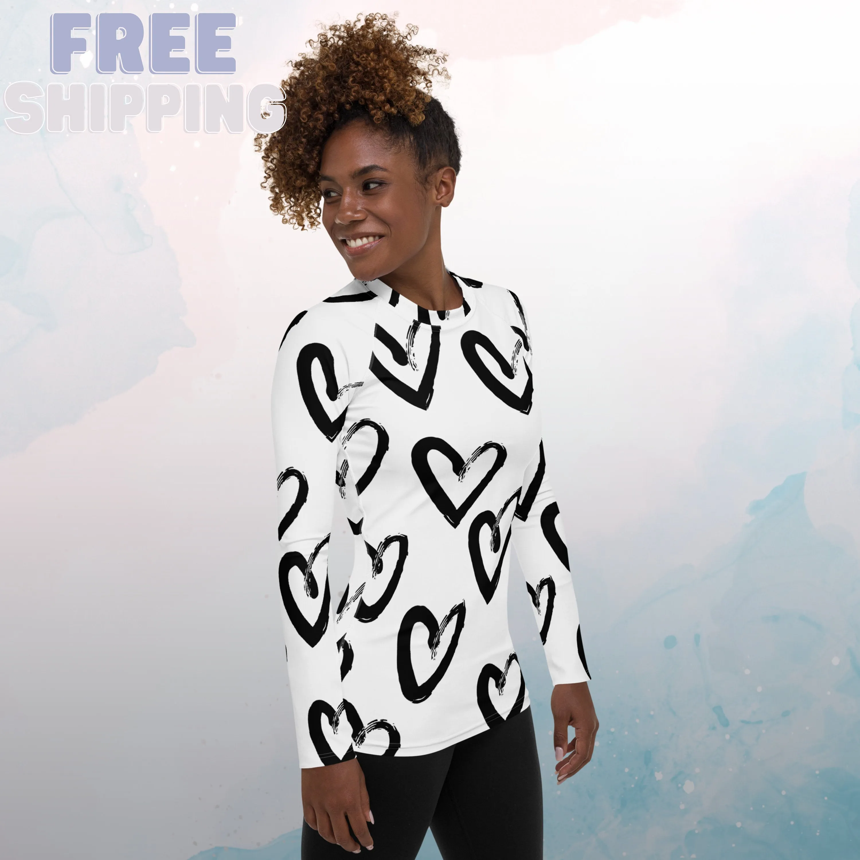 Bold Brush Stroke Hearts Print Womens Rash Guard Workout or Running Top