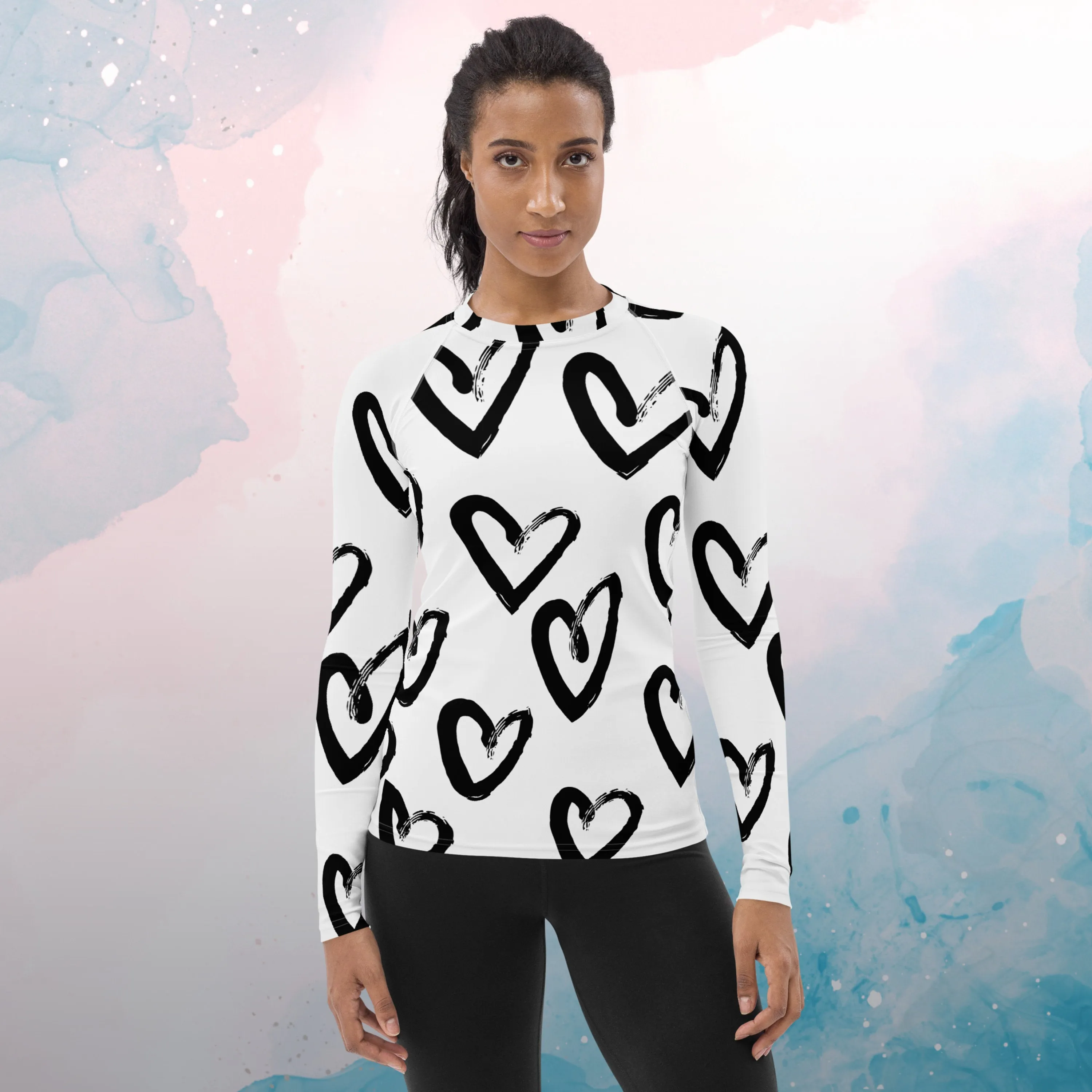 Bold Brush Stroke Hearts Print Womens Rash Guard Workout or Running Top