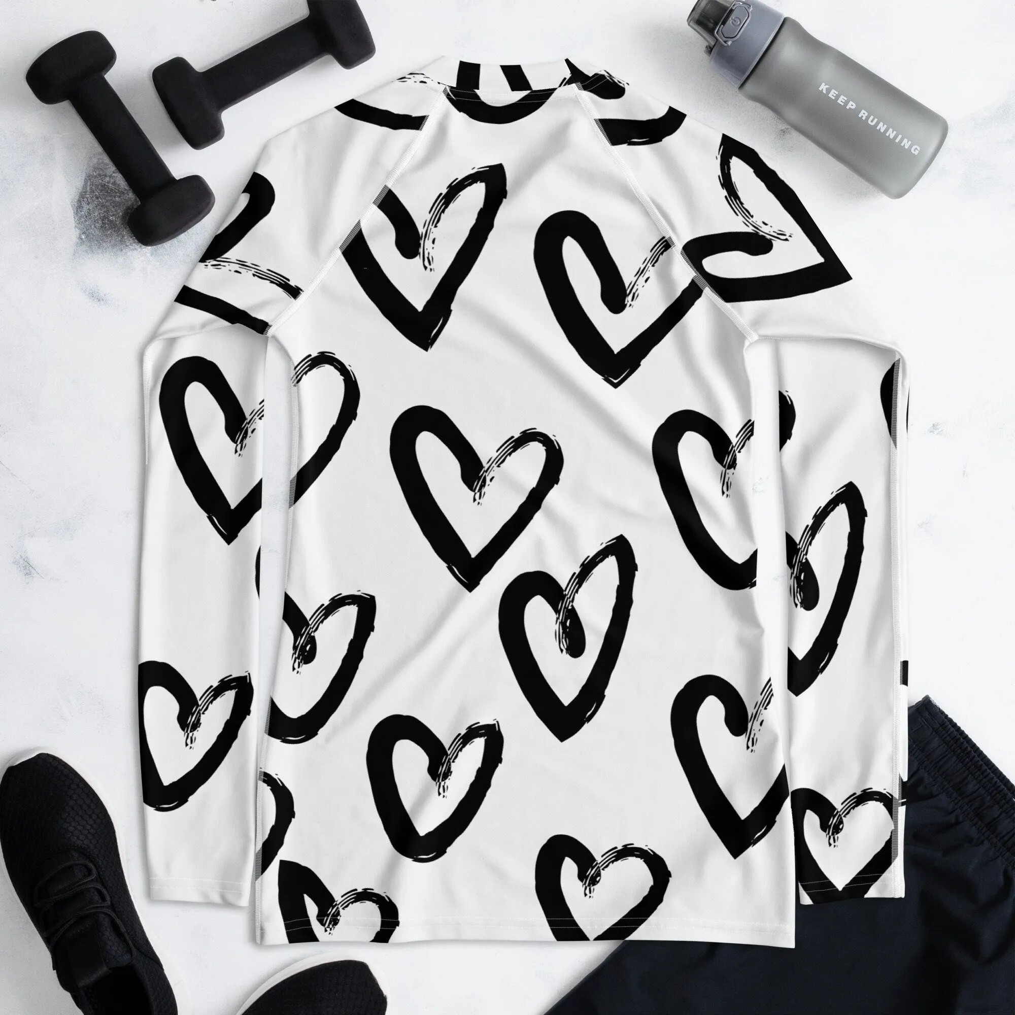 Bold Brush Stroke Hearts Print Womens Rash Guard Workout or Running Top