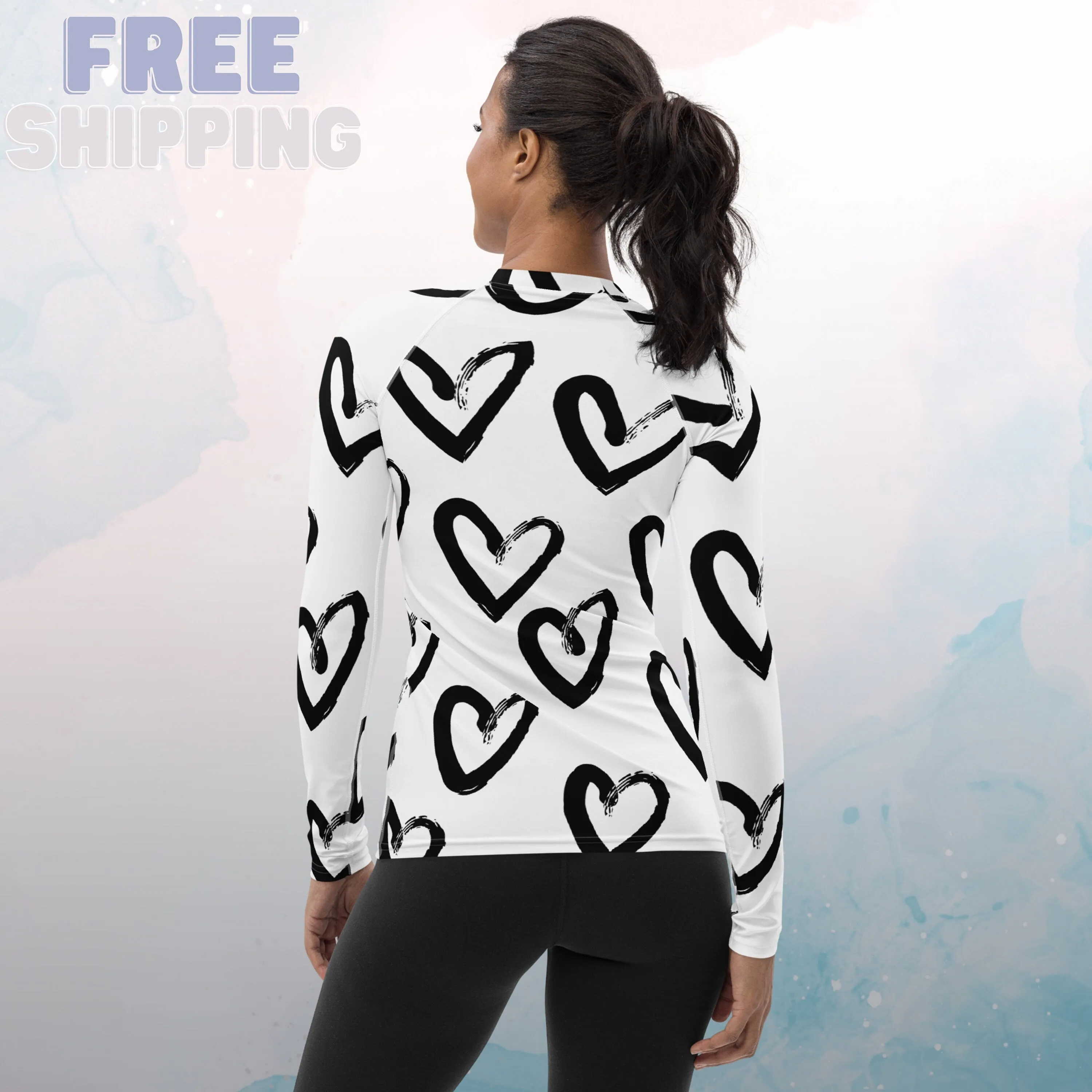 Bold Brush Stroke Hearts Print Womens Rash Guard Workout or Running Top