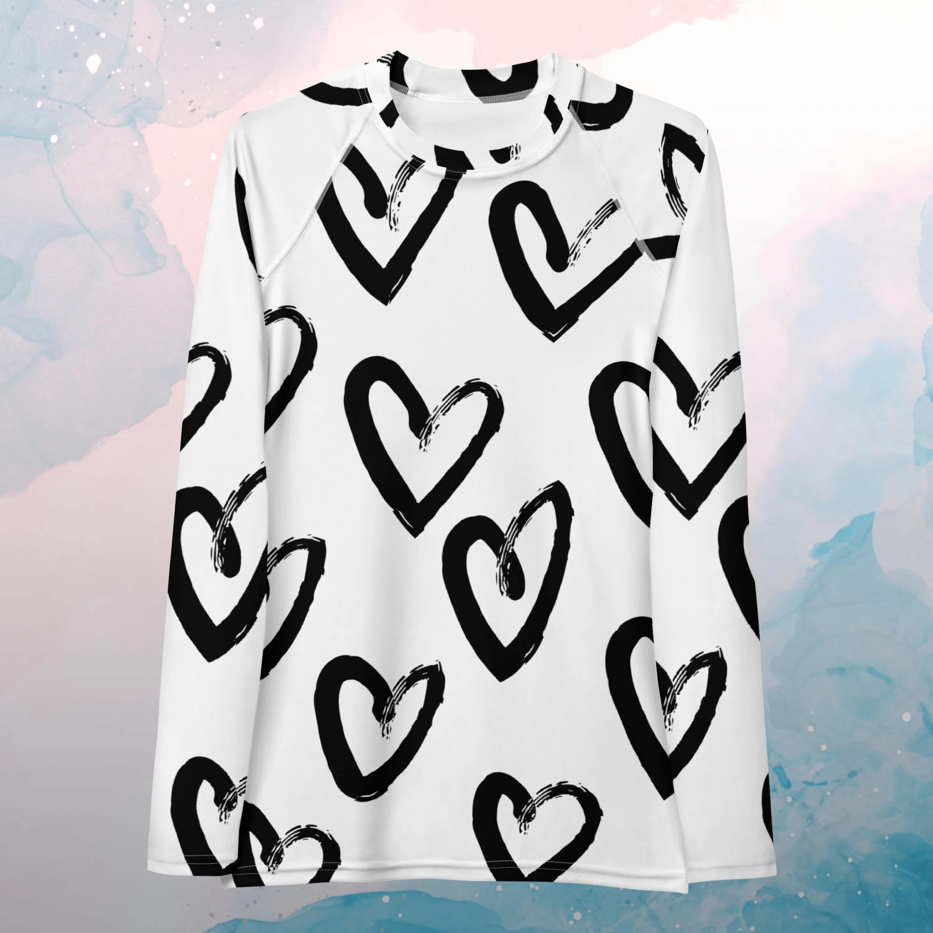 Bold Brush Stroke Hearts Print Womens Rash Guard Workout or Running Top