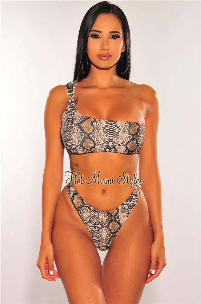 Brown Snake Print One Shoulder Jeweled Scrunch Butt Bikini Bottom