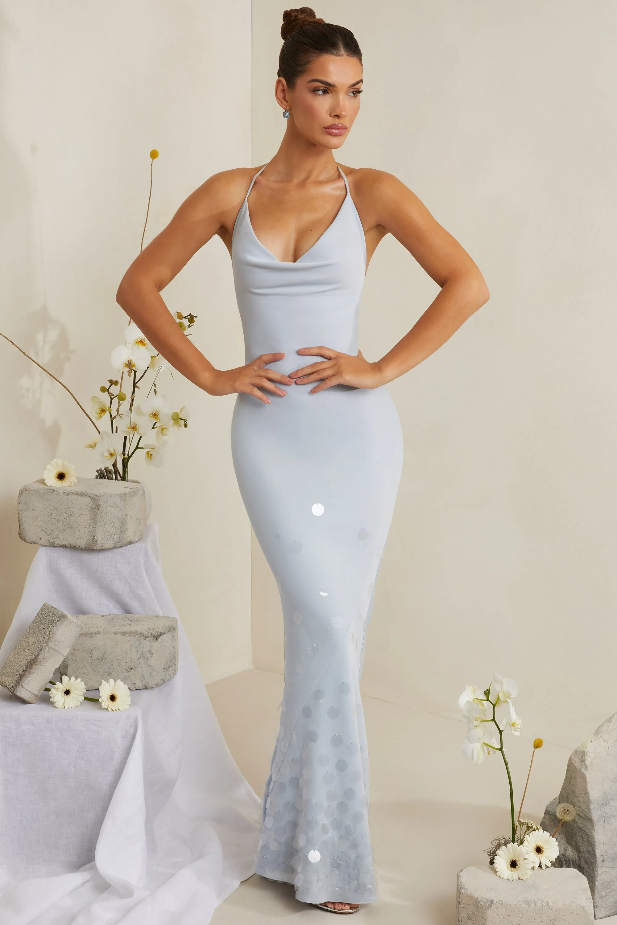 Cowl Neck Embellished Satin Maxi Dress in Blue