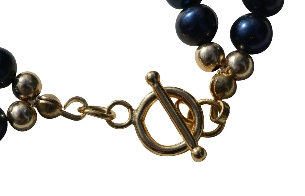 Dark Blue Freshwater Pearl and 9ct Solid Gold Bead Bracelet.