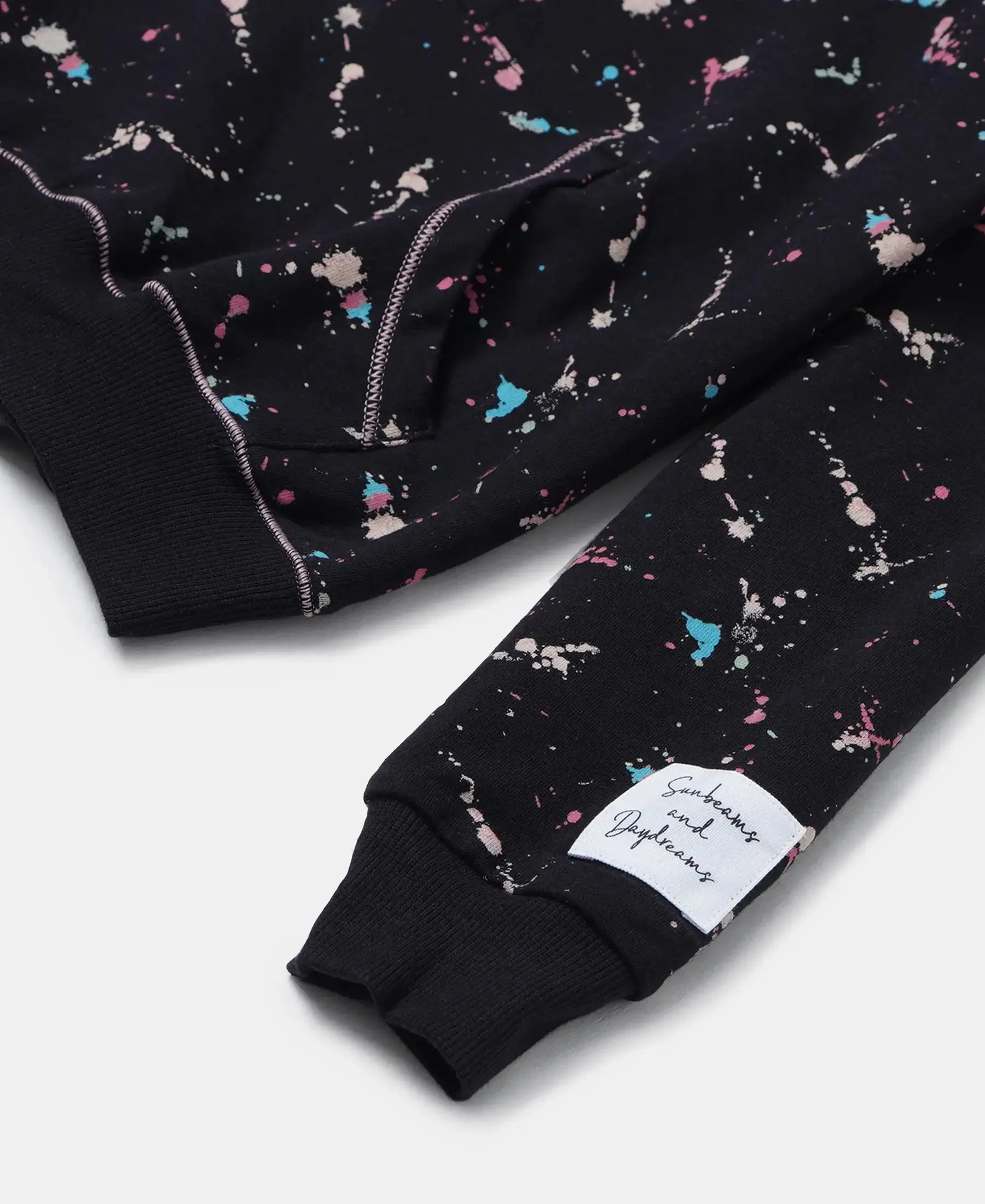 Girl's Super Combed Cotton Elastane Stretch French Terry Printed Hoodie Sweatshirt - Black Printed