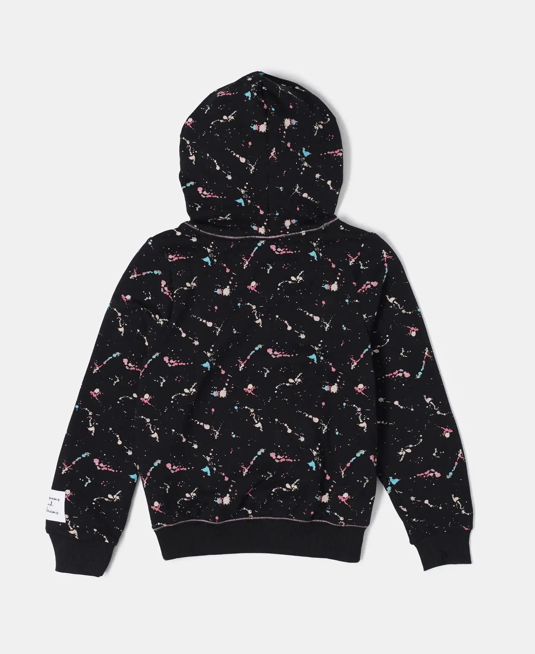 Girl's Super Combed Cotton Elastane Stretch French Terry Printed Hoodie Sweatshirt - Black Printed