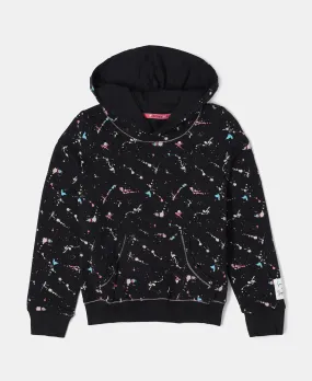 Girl's Super Combed Cotton Elastane Stretch French Terry Printed Hoodie Sweatshirt - Black Printed