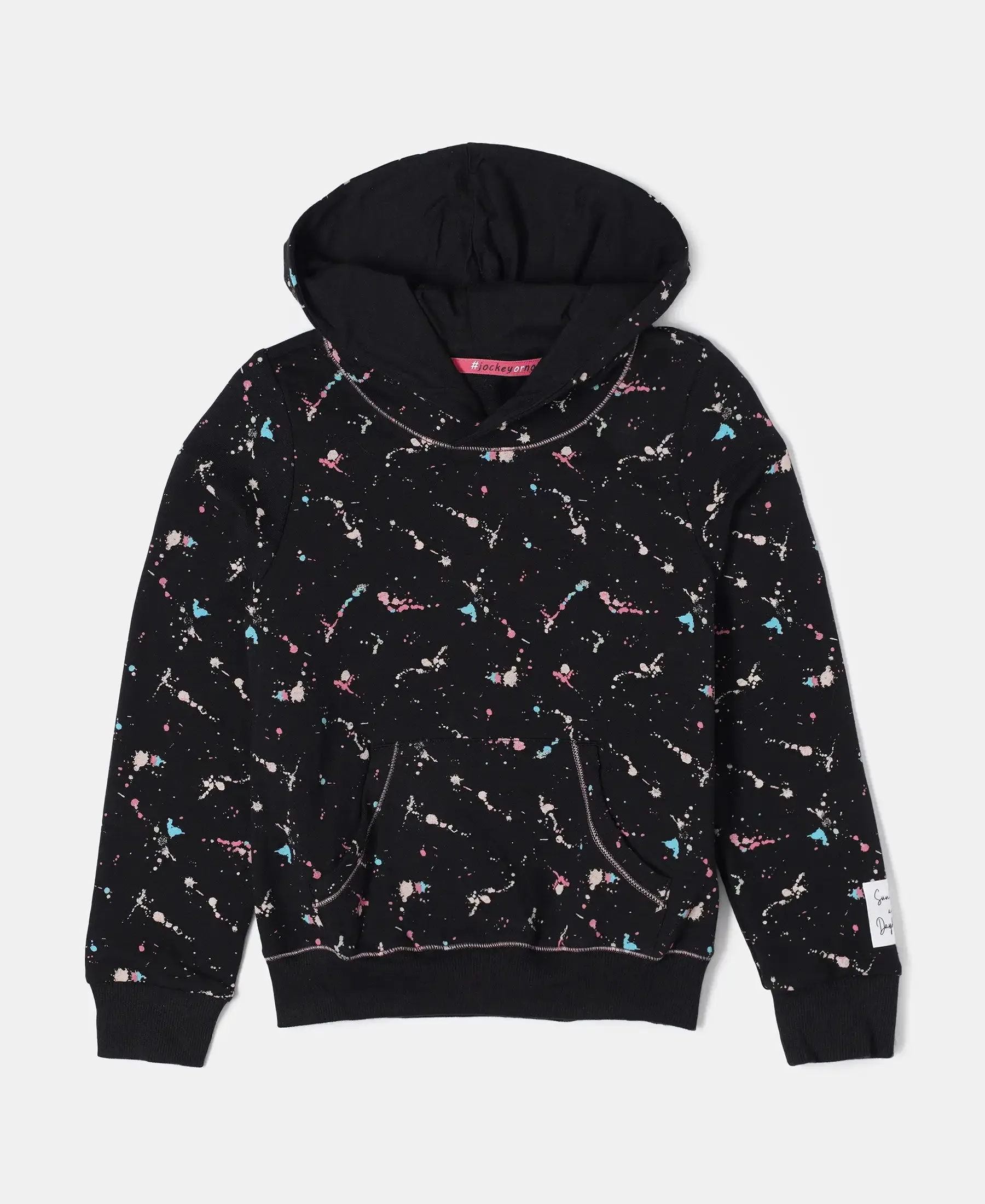 Girl's Super Combed Cotton Elastane Stretch French Terry Printed Hoodie Sweatshirt - Black Printed