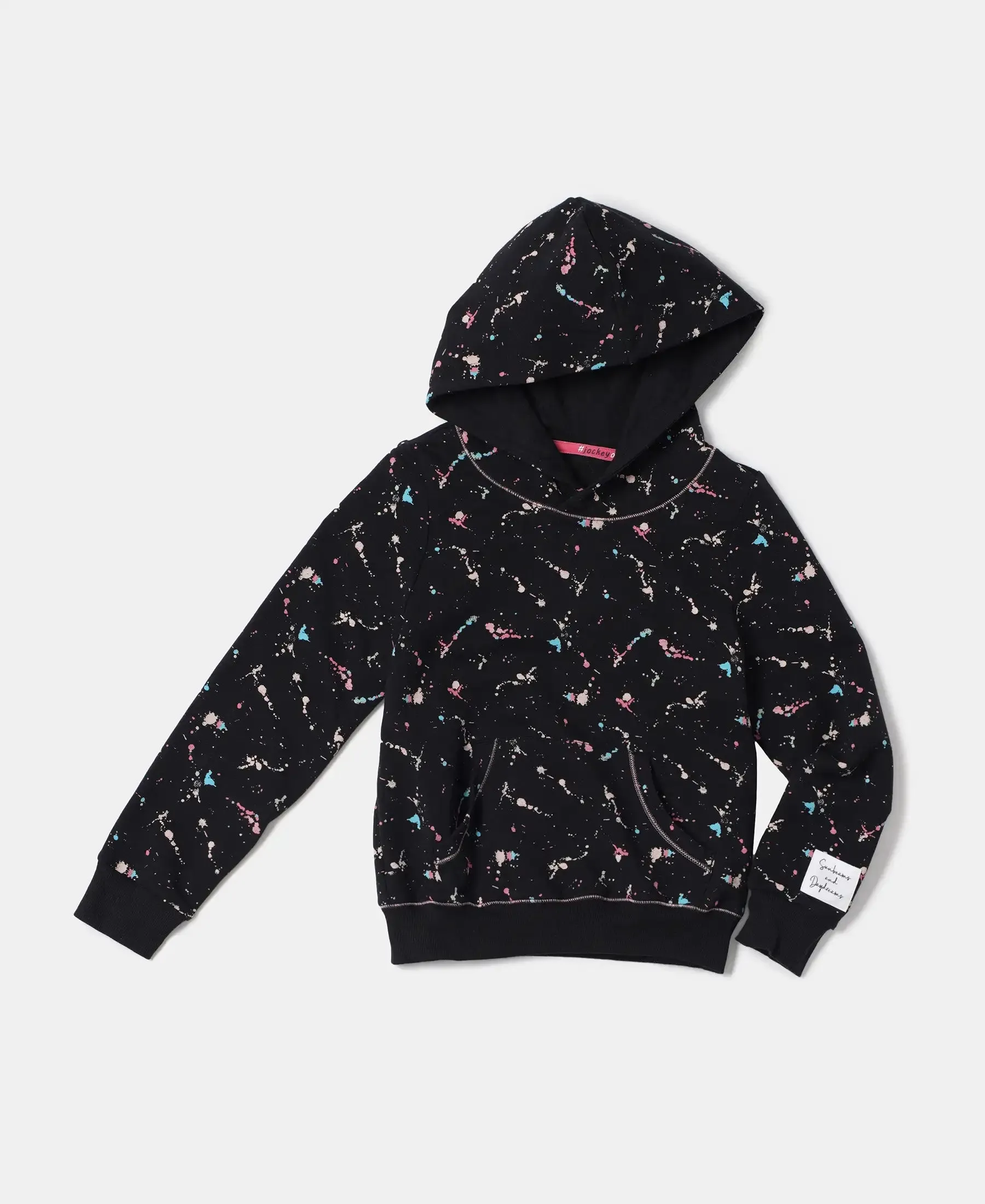Girl's Super Combed Cotton Elastane Stretch French Terry Printed Hoodie Sweatshirt - Black Printed