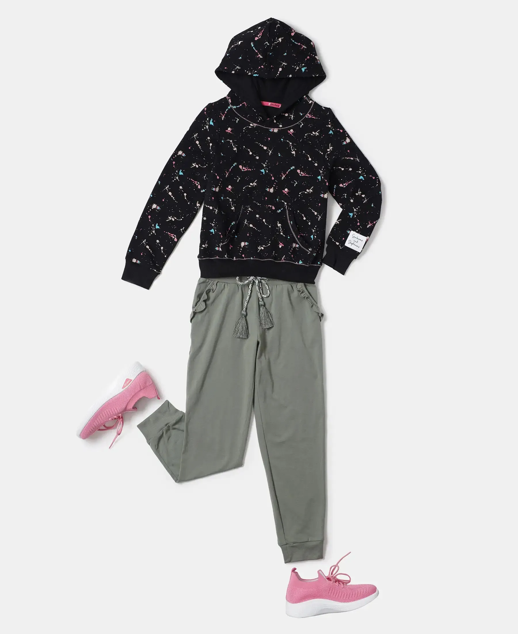 Girl's Super Combed Cotton Elastane Stretch French Terry Printed Hoodie Sweatshirt - Black Printed