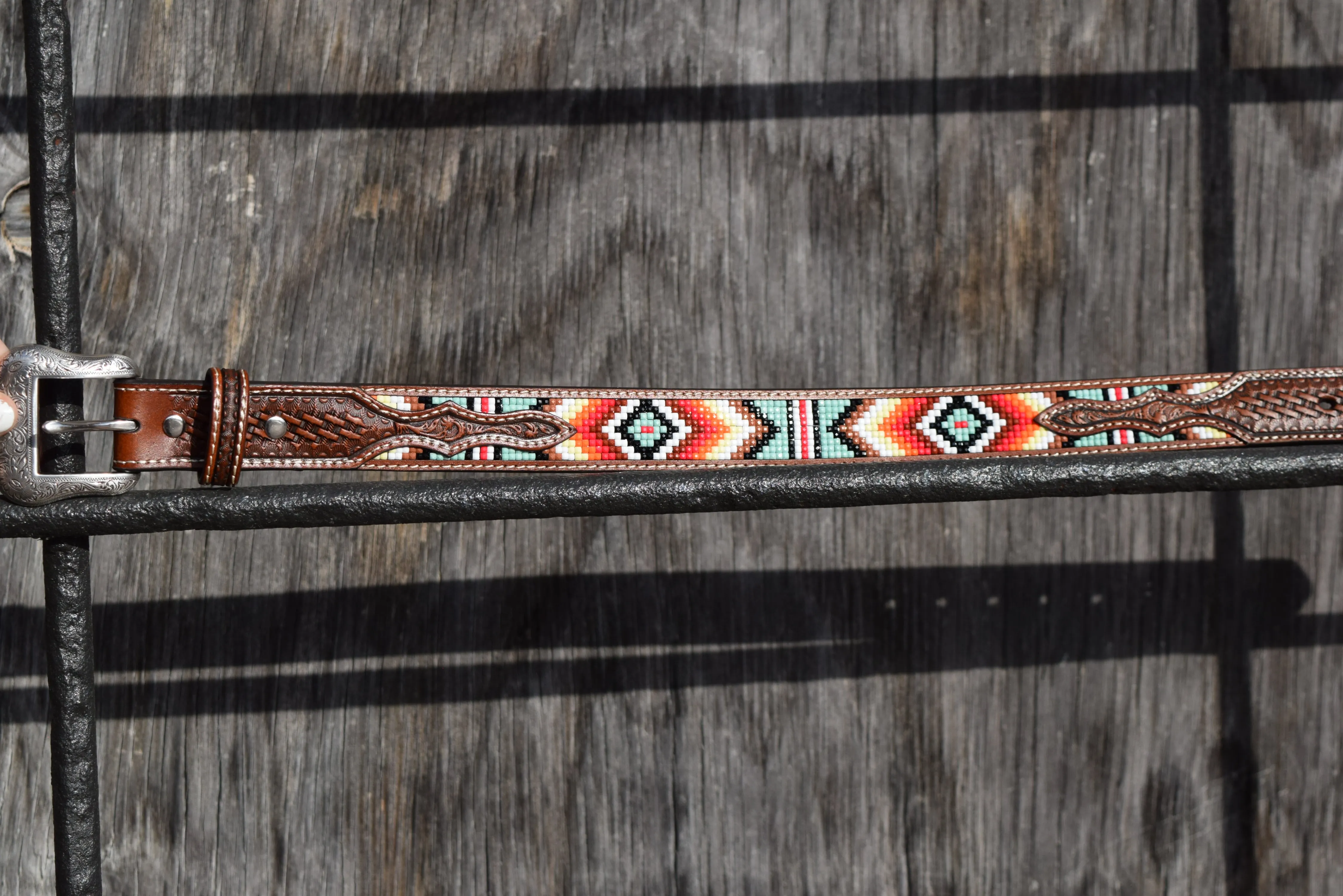 Nocona Boys Belt 1 1/4 Basket Weave Diamond Beaded Tan