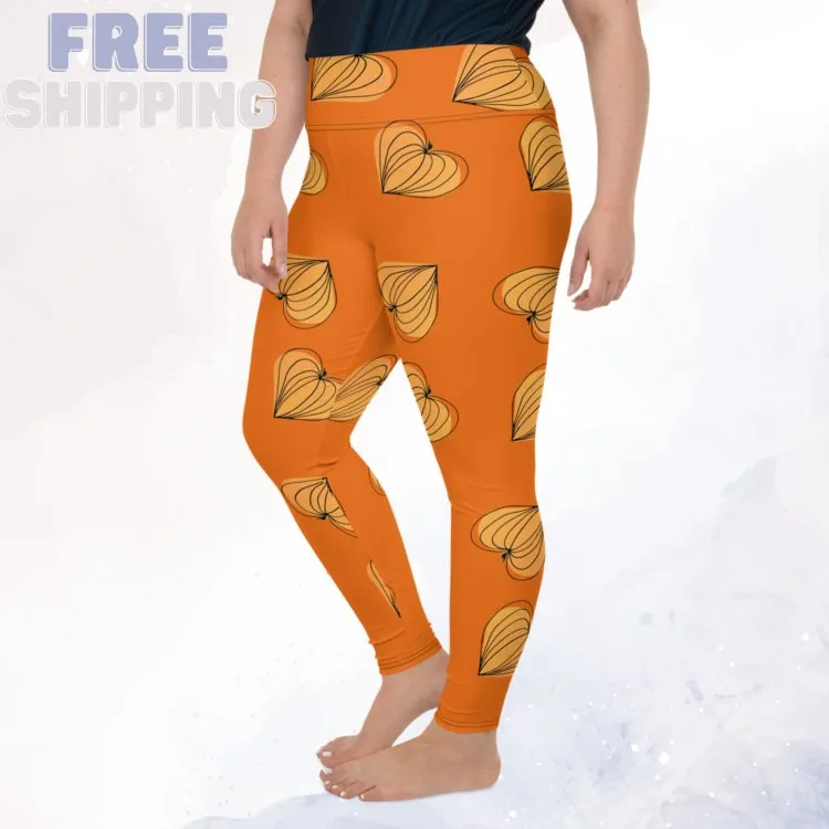 Orange Pumpkin Heart Fall Print Plus Size Leggings