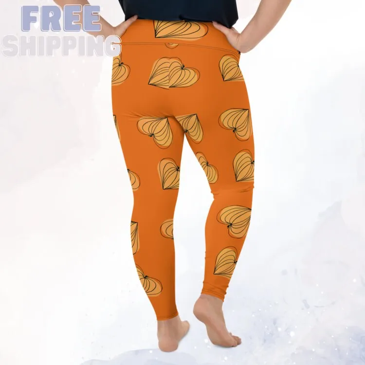 Orange Pumpkin Heart Fall Print Plus Size Leggings
