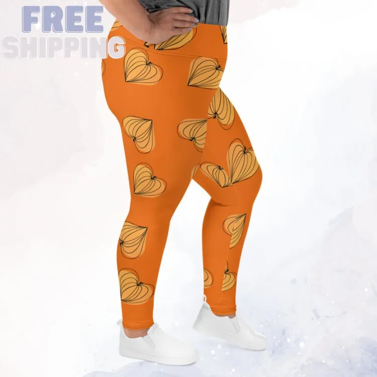 Orange Pumpkin Heart Fall Print Plus Size Leggings
