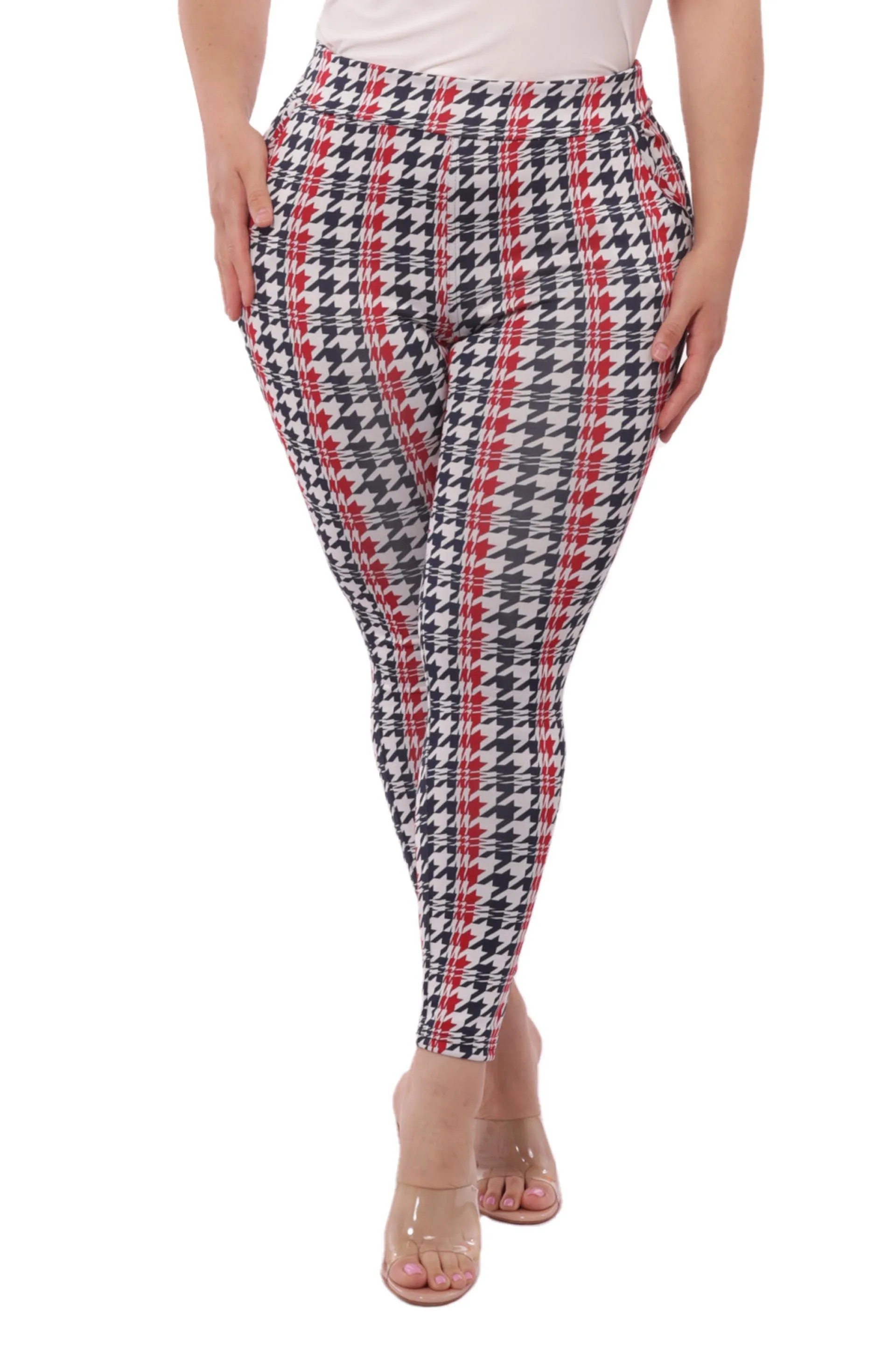 Plus Size Tummy Control Sculpting Treggings - Red, Black, White, Houndstooth