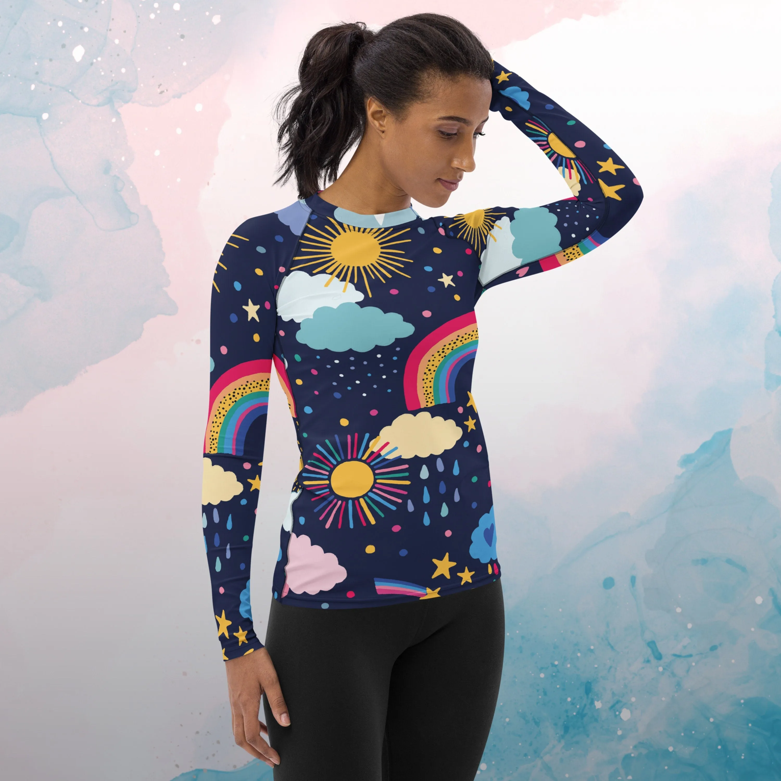 Rainbows and Rain Clouds Weather Themed Womens Rash Guard