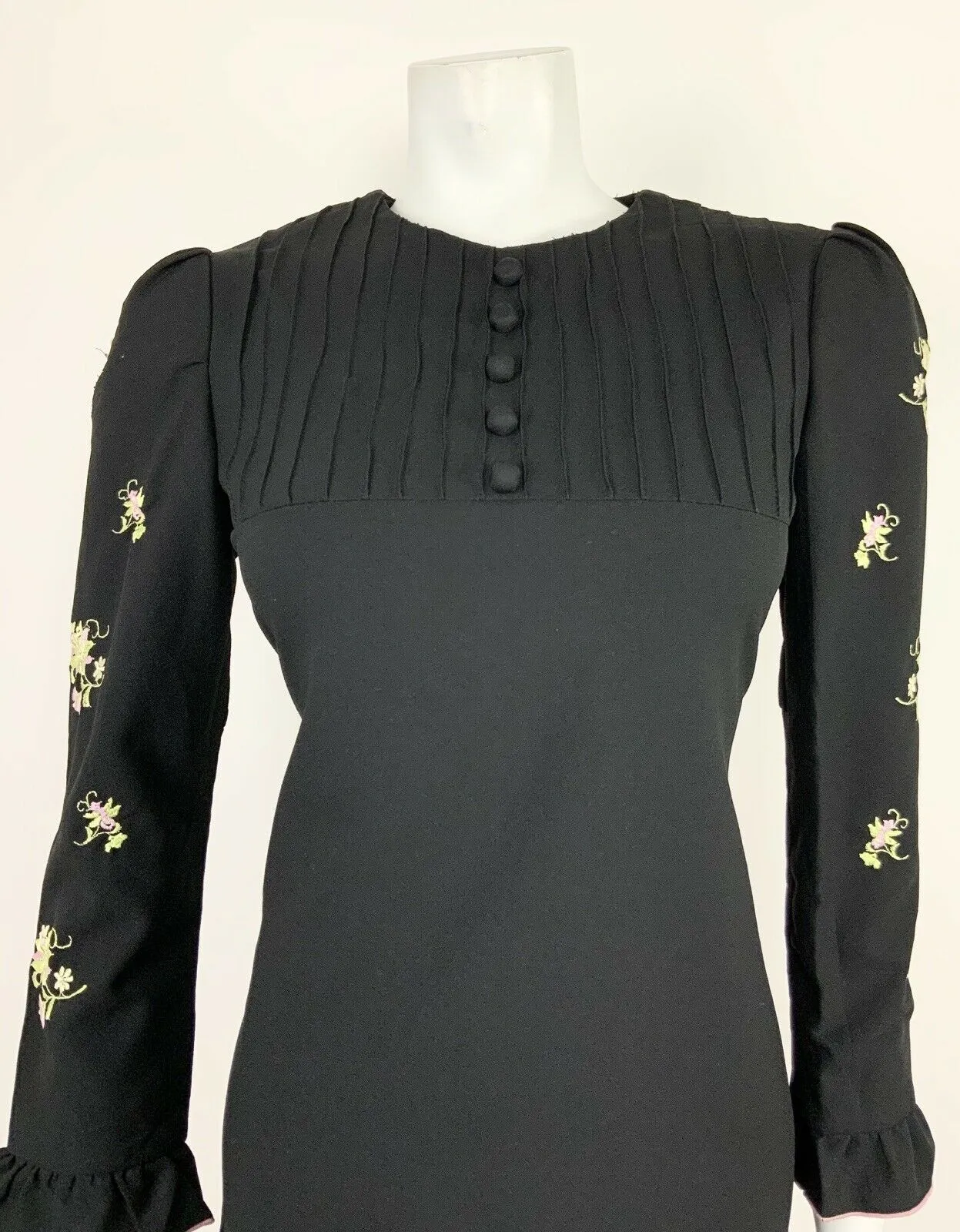 VINTAGE 60s 70s BLACK PINK LIME MINT GREEN FLORAL EMBROIDERY RUFFLE DRESS 8 10