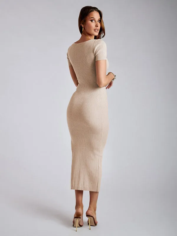 Women's Short Sleeved Scoop Neck Rib Knit Side Slit Dress