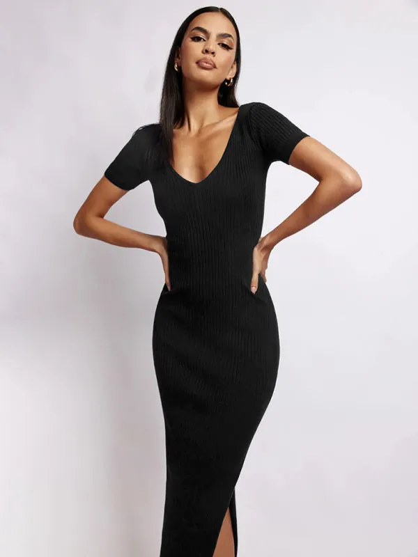 Women's Short Sleeved Scoop Neck Rib Knit Side Slit Dress