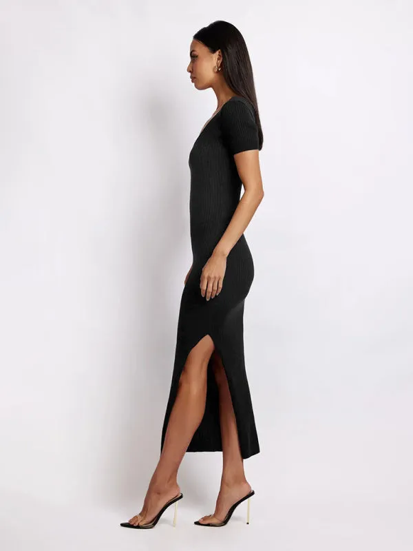 Women's Short Sleeved Scoop Neck Rib Knit Side Slit Dress