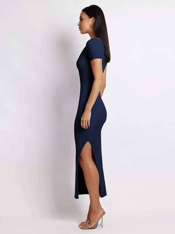 Women's Short Sleeved Scoop Neck Rib Knit Side Slit Dress