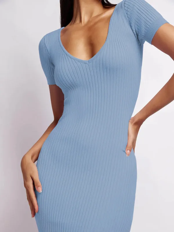 Women's Short Sleeved Scoop Neck Rib Knit Side Slit Dress