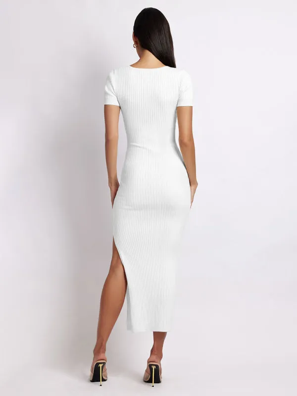 Women's Short Sleeved Scoop Neck Rib Knit Side Slit Dress
