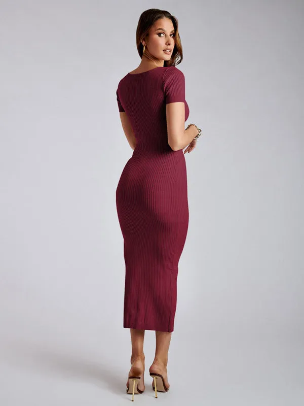 Women's Short Sleeved Scoop Neck Rib Knit Side Slit Dress