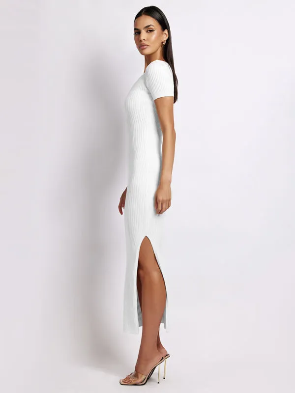 Women's Short Sleeved Scoop Neck Rib Knit Side Slit Dress