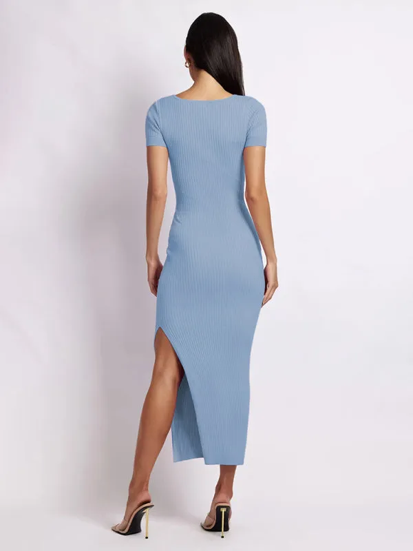 Women's Short Sleeved Scoop Neck Rib Knit Side Slit Dress