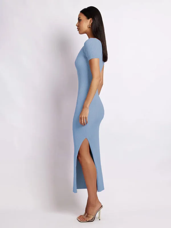 Women's Short Sleeved Scoop Neck Rib Knit Side Slit Dress
