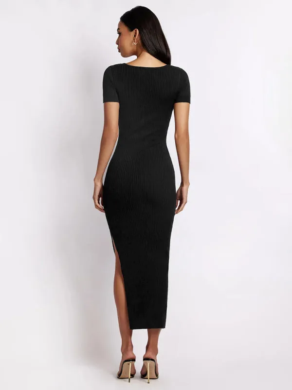 Women's Short Sleeved Scoop Neck Rib Knit Side Slit Dress